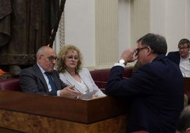 Ramiro González (PNV) charla con Cristina González y Josu López Ubierna (PSE) en el pleno.