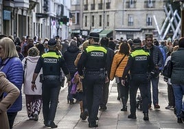 Varia agentes patrullan a pie por la calle Postas