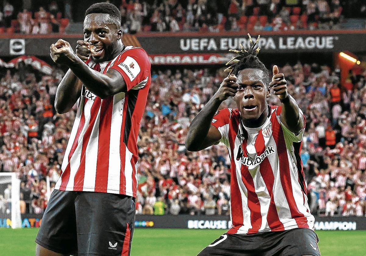 Los 'pistoleros' Williams celebran un gol del Athletic en San Mamés