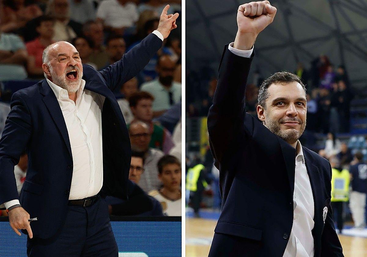 Laso da instrucciones y Galbiati celebra mirando a la grada tras un partido del Trento.