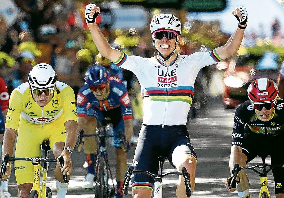 ogacar celebra en la meta su victoria número cine.