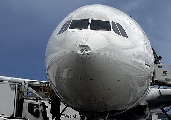 Imagen del avión con la parte delantera dañada.