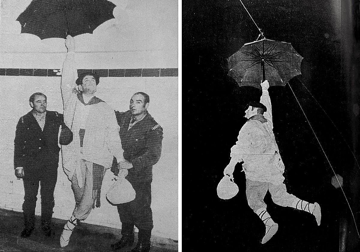 Dos bomberos sostienen el Celedón que debutó en La Blanca de 1976 tras la quema del anterior después de su subida de 1975 (en la imagen)