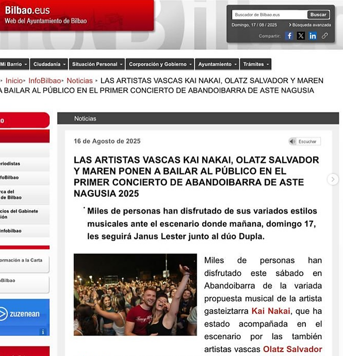 El Ayuntamiento de Bilbao publicó la crónica del concierto de Kai Nakai, Maren y Olatz Salvador que no llegó a celebrarse