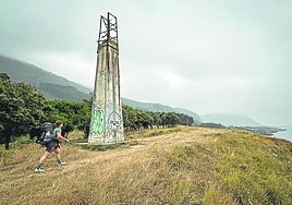 Una peregina pasa junto a una torreta de la 'milla medida', flanqueada por un encinar cantábrico