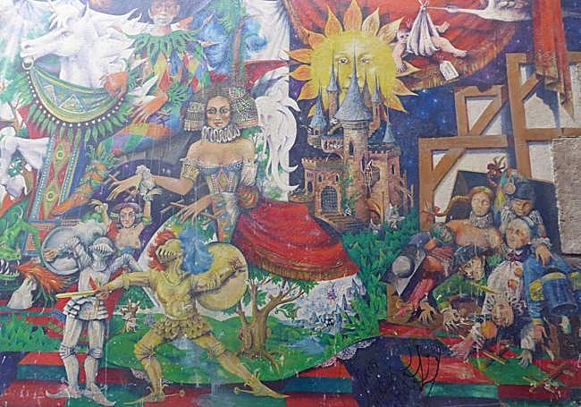 Vista de los detalles del mural antes de la última pintada.