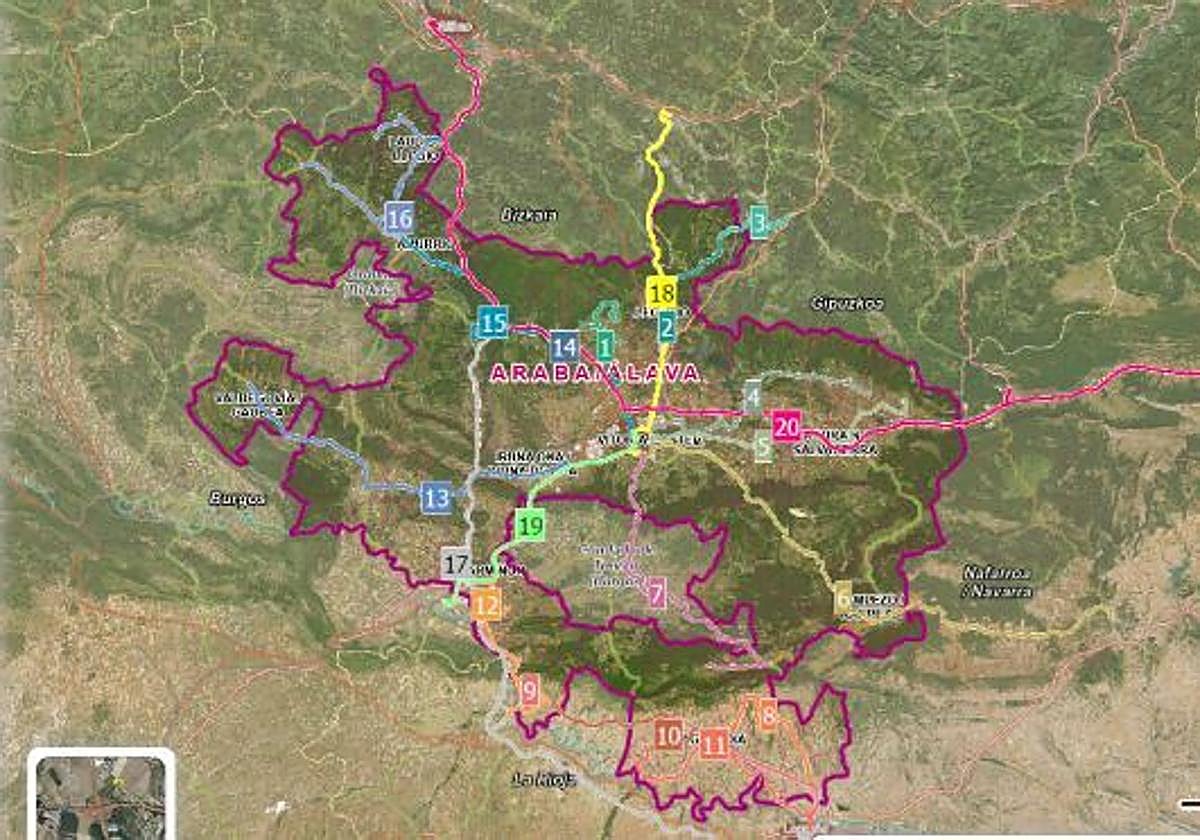 Consulta en este mapa las líneas, recorridos, paradas... de Alavabus y Transporte Comarcal