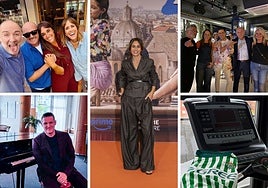 Los periodistas de ETB, Manu Tenorio, Itziar Atienza, Gorka Aguinagalde, Silvia Tobalina, Fredi García y la camiseta olvidada de Joaquín en el Gran Hotel Lakua.