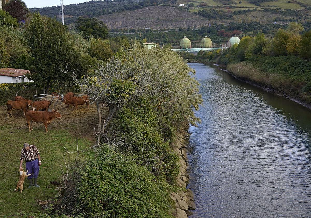 Vista del río Barbadun a su paso por Muskiz, fotografía de archivo.