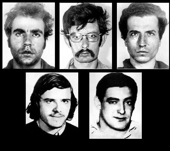 Arriba, José Luis Sánchez Bravo, José Humberto Baena y Ramón García Sanz, los tres del FRAP. Abajo, Juan Paredes Manot, 'Txiki', y Ángel Otaegi, de ETA.