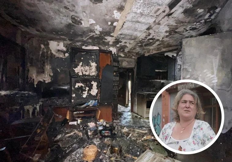 Estado en el que quedó la vivienda afectada y Ana San José, vecina del bloque donde se registró el incendio.