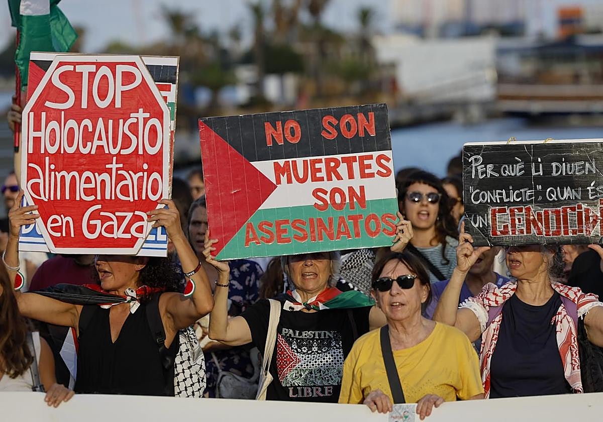 Entidades de apoyo a Palestina celebran una concentración ante la llegada al Puerto de València de un barco con material militar para Israel, según los convocantes de la protesta.