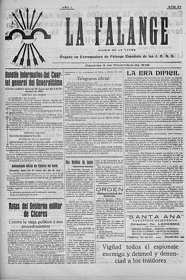 Cabecera de 'La Falange' en la Guerra Civil.