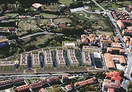 Infografía de cómo será la promoción de viviendas, el nuevo edificio del instituto y la zona de espacios libres en Urko.