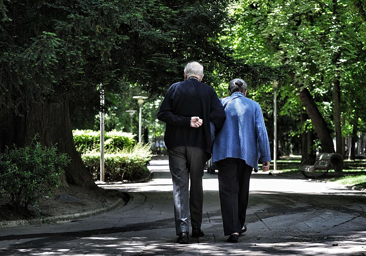 Una pareja de jubilados pasea por las calles de Vitoria