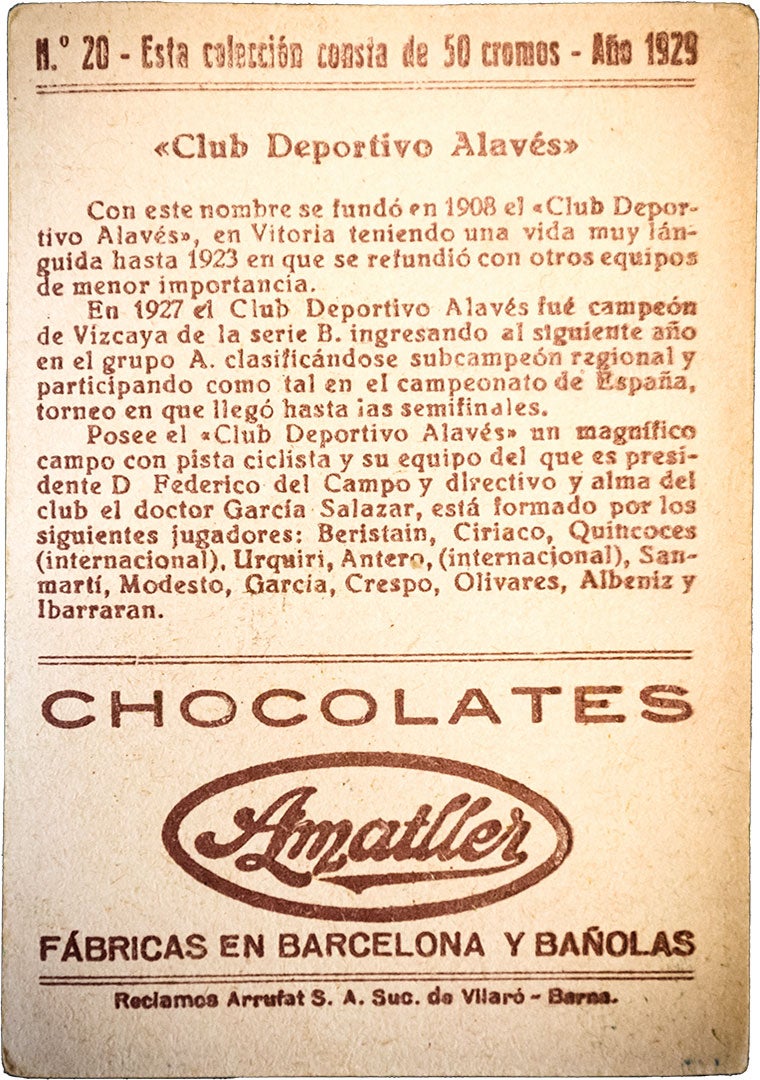 Imagen - Un cromo de 1929 dedicado al Club Deportivo Alavés. Según cree Álvaro, puede tratarse de la primera vez en la que el equipo aparece referenciado en una colección de cromos