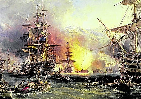 Documentos. 'El bombardeo de Argel, 27 de agosto de 1816' (1836), de George Chambers, con los barcos británicos en primer plano. 'Historia general de los piratas' (1725) de Charles Johnson.