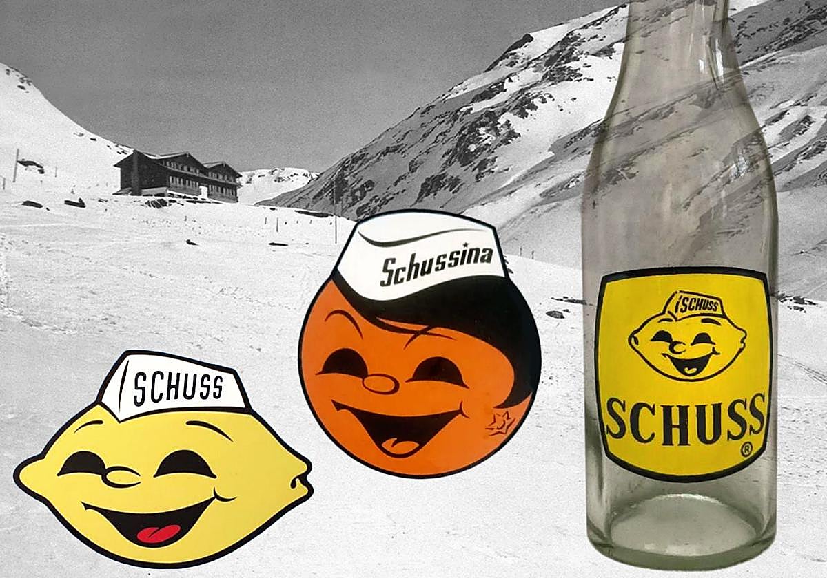 Logotipos y botellín de Schuss sobre vista antigua del Hotel Candanchú.