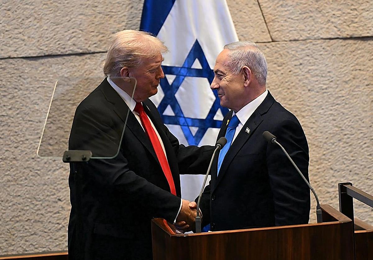 El presidente de Estados Unidos, Donald Trump, y su homólogo israelí, Benjamín Netanyahu, este lunes en el Parlamento israelí (Knéset) en Jerusalén.