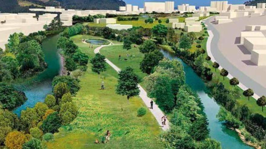 Infografía que muestra la transformación que experimentarán las orillas del río Estepona de Bakio con la creación de nuevas áreas verdes.