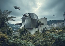 Un Guggenheim cercado por la vegetación en una imagen futurista creada por IA del taller We Make Cities.