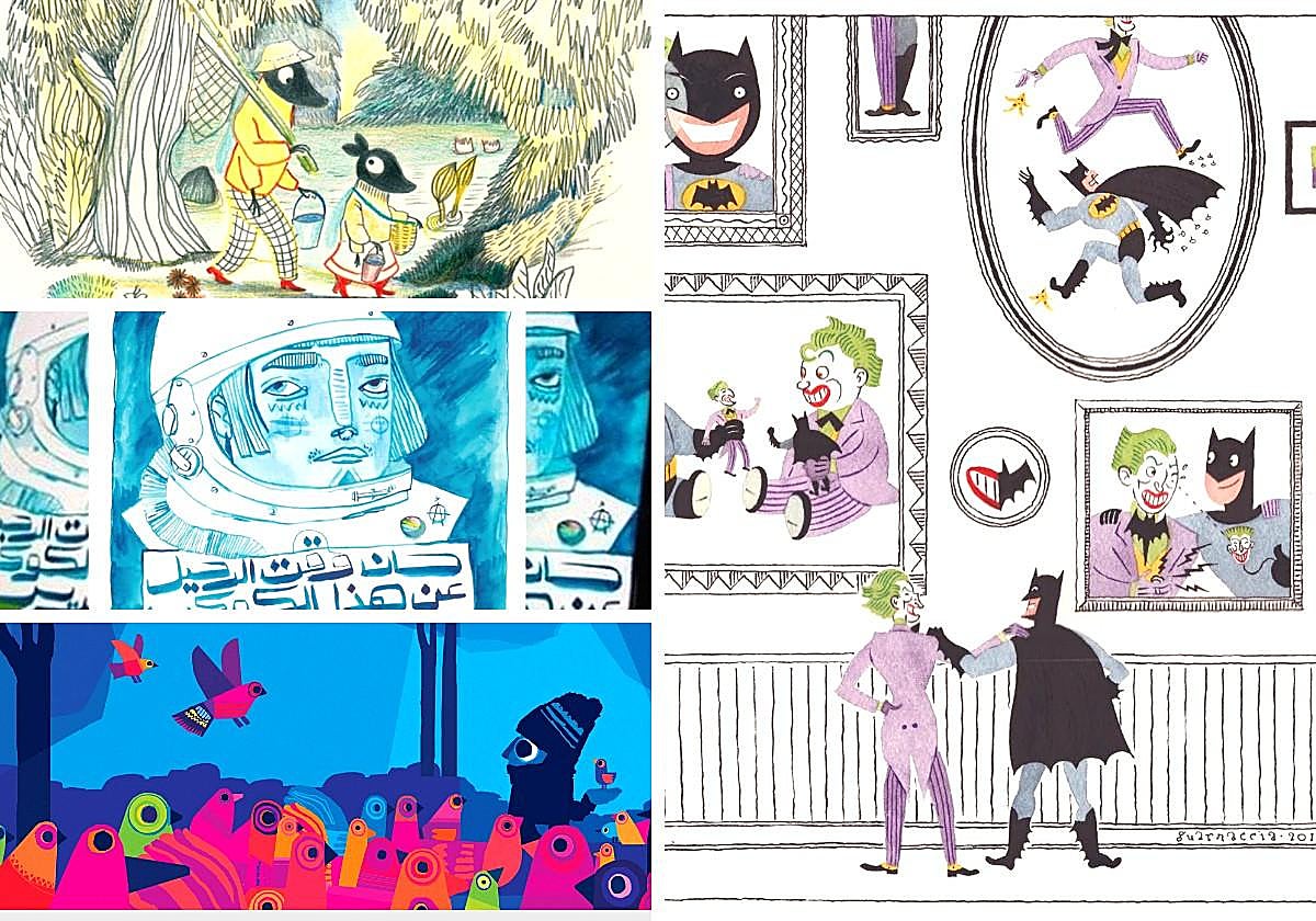 Detalles de obras de Crowther, Haitham Haddad, Chris Haughton y Steven Guarnaccia.