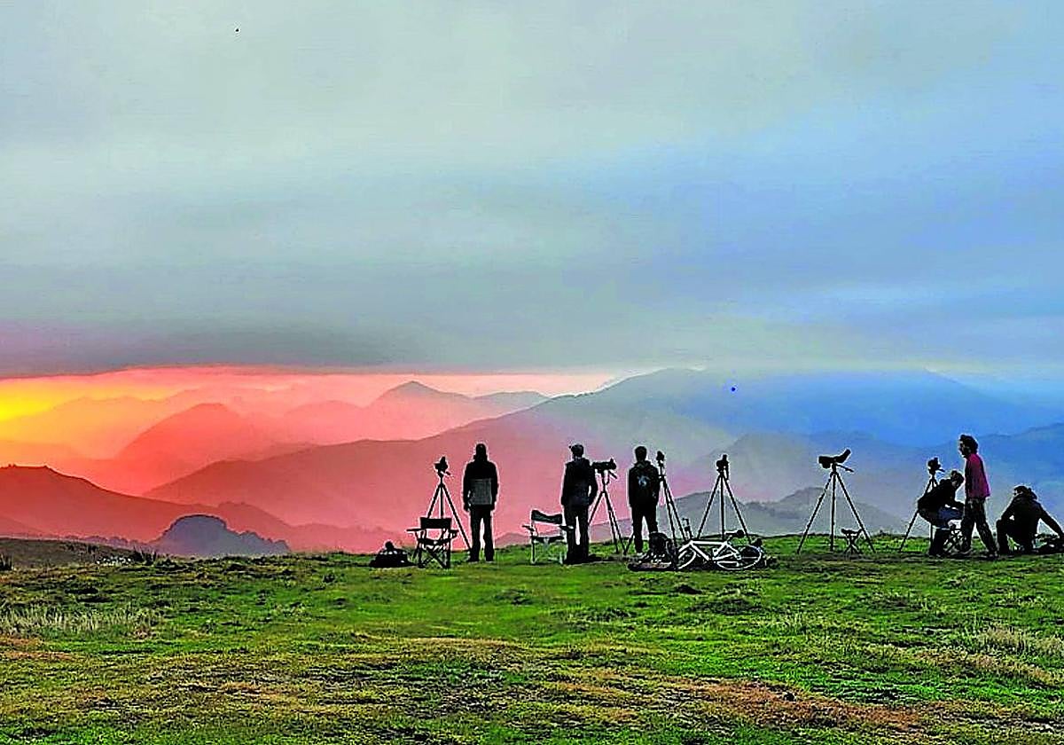 Un grupo de ornitólogos otean el horizonte a la espera de bandadas de pájaros de camino al sur.