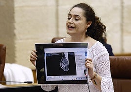 La portavoz de Por Andalucía, Inmaculada Nieto, muestra en el Parlamento andaluz una mamografía supuestamente manipulada.