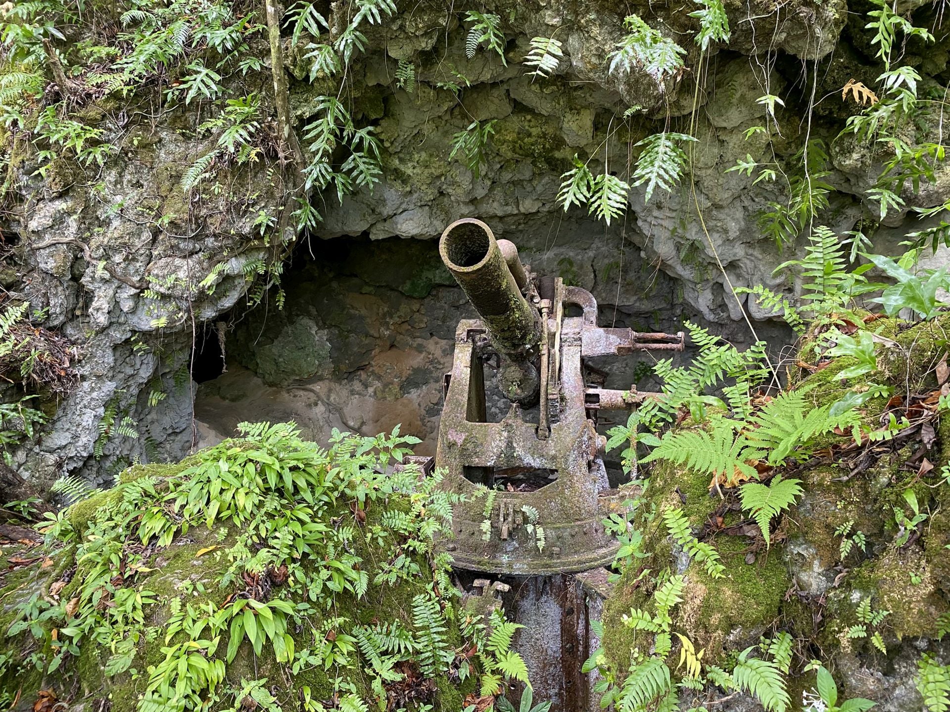 Armamento abandonado en una cueva de Peleliu.