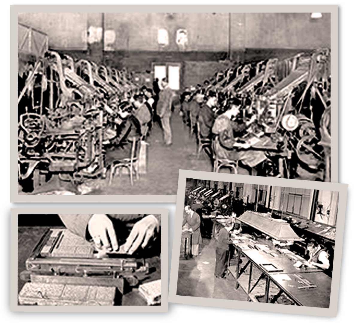 Arriba, los linotipistas componian los textos de los redactores y con ellos, como se ve en la imagen inferior derecha, se comformaban los bloques de noticias.