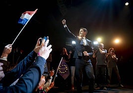 El líder de D66, Rob Jetten, tras conocerse los primeros resultados, que dan 26 escaños a su partido.