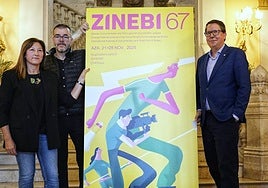 Ana López, directora de Promoción de la Cultura del Gobierno vasco, Joseba Lopezortega, director de Zinebi, y Gonzalo Olabarria, concejal de Cultura del Ayuntamiento de Bilbao.