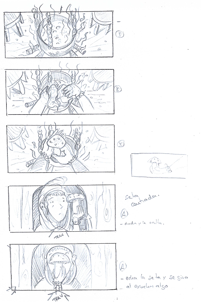 Dibujo en el guion en la que la protagonista recurre echa setas en los fogones.