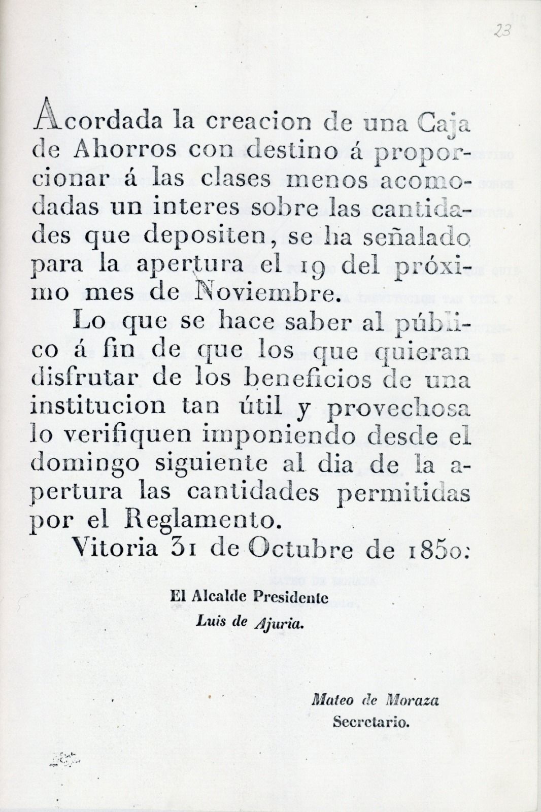 Hoja informativa de la creación de la Caja de Ahorros de la Ciudad de Vitoria.