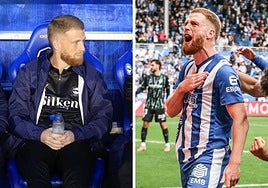 Carlos Vicente, en el banquillo y celebrando un gol este curso con el Alavés.