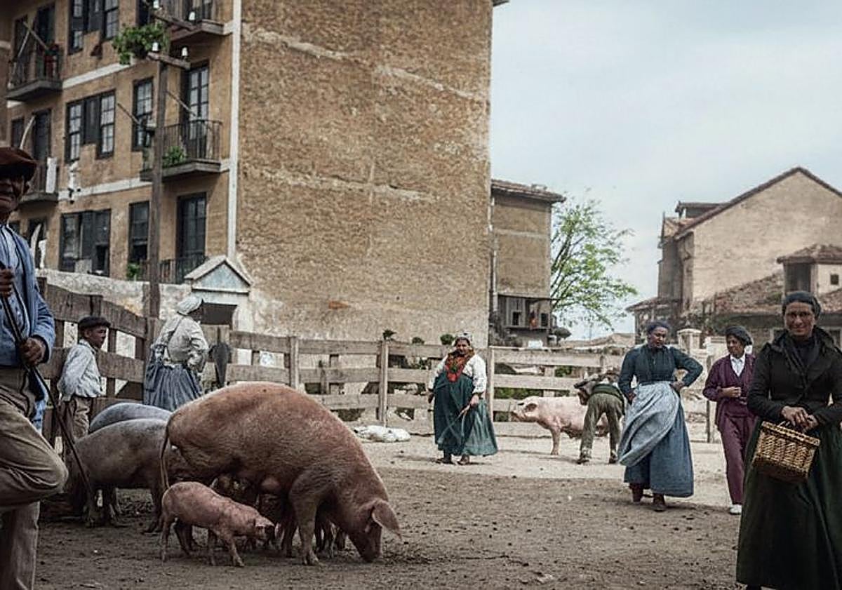 Imagen principal - Mercado de cerdos en la actual plaza de la Ranchería. Debajo, arriero en la barcaza del Puente Colgante y carboneros recorriendo las calles del centro.