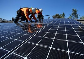 Trabajadores de un parque solar, durante las obras para colocar las placas.