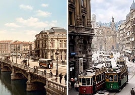 Un viaje al Bilbao de hace 100 años: carruajes junto al Teatro Arriaga, el Casco Viejo...