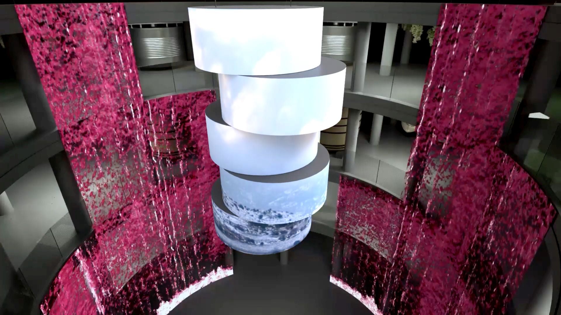 La cascada de vino del atrio central.