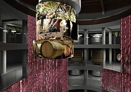Cascada virtual de vino que se podrá observar en el atrio central y una espiral de pantallas con la singularidad de la comarca