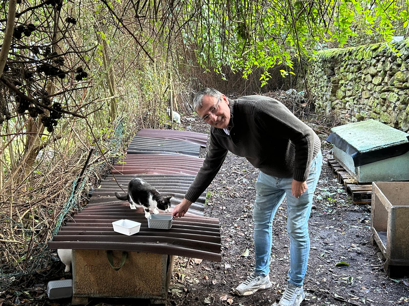 El durangués Pedro Carreto alimenta a un gato en la colonia felina.