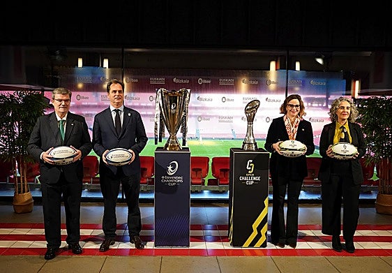 Representantes institucionales vascos y el CEO del Club Europeo de Rugby Profesional, Jacques Raynaud, en la presentación de las finales.