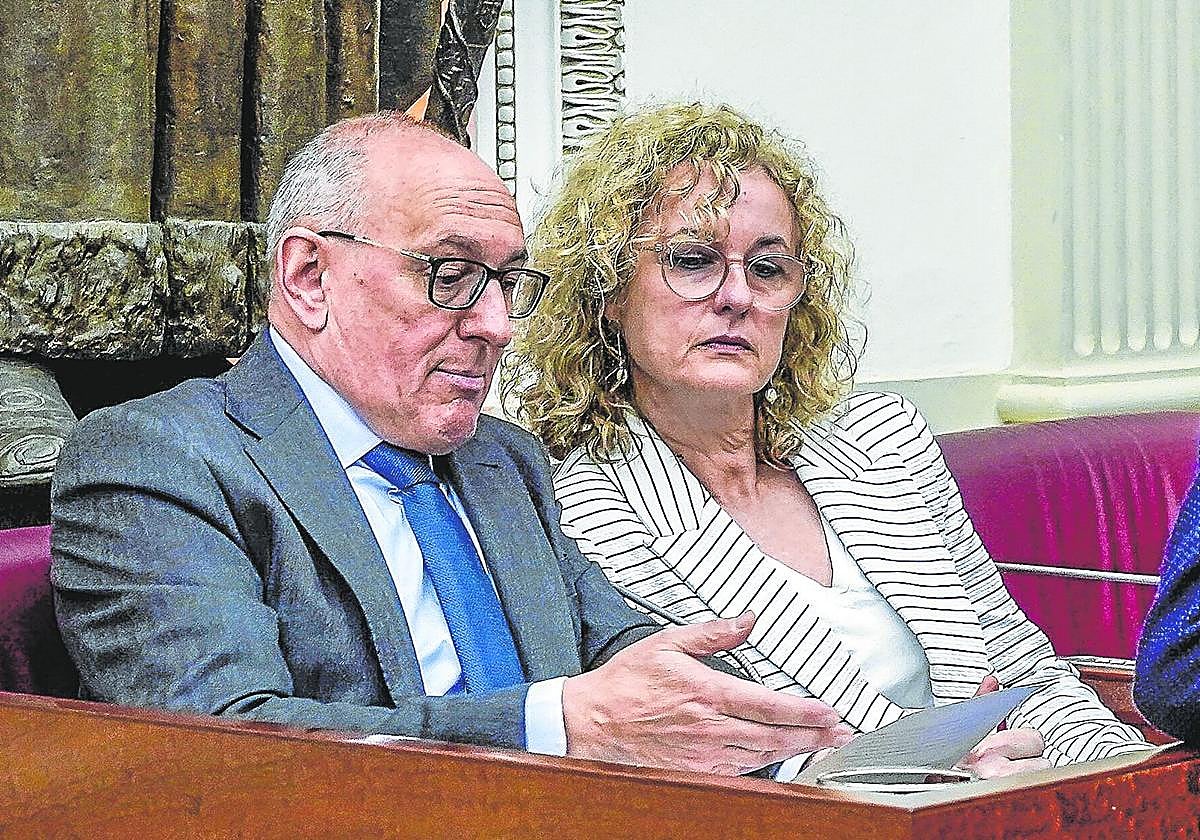 El diputado general, Ramiro González (PNV), charla con la 'número dos' de su gobierno, Cristina González (PSE), durante un pleno.