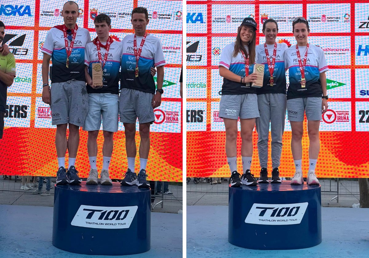 Los triatletas del equipo masculino y femenino, en lo alto del podium del Campeonato de España.