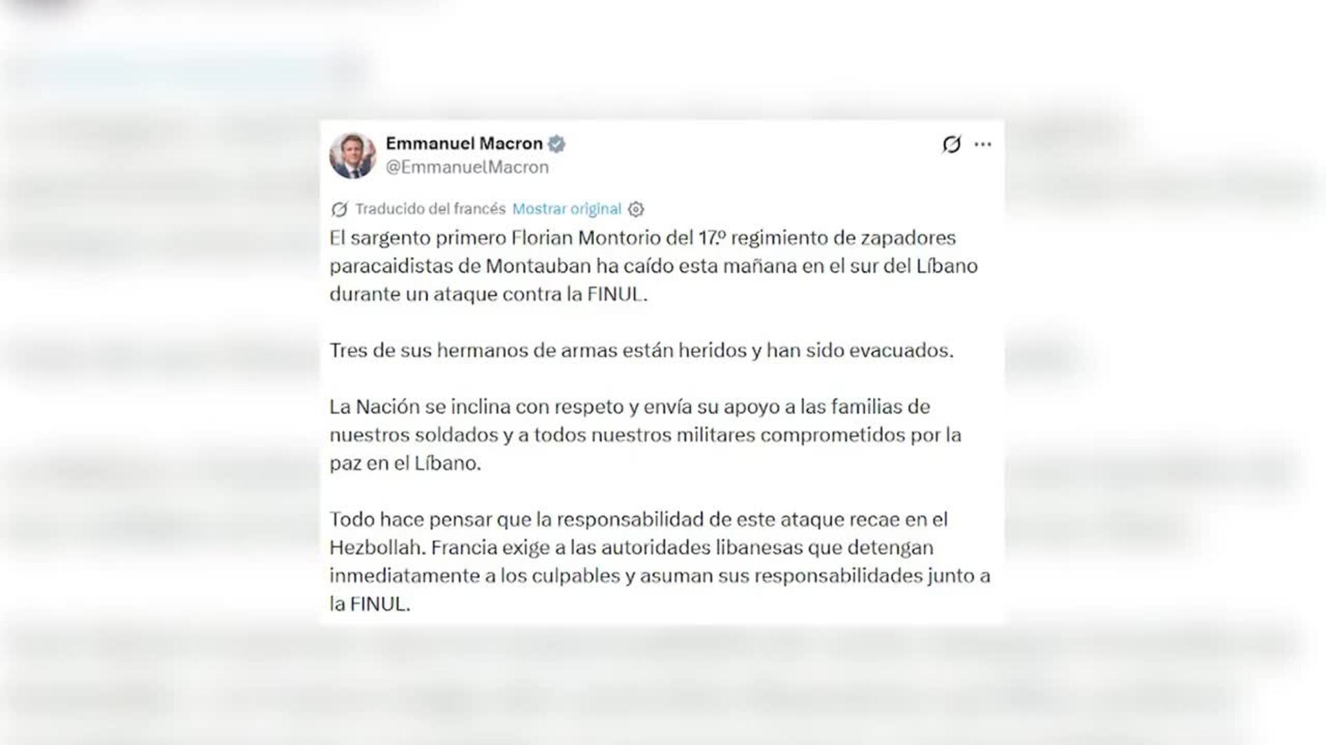 Un militar francés de la FINUL muerto tras un ataque en el sur de Líbano