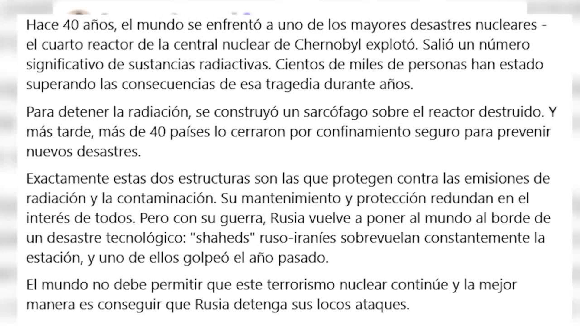 UE y Ucrania denuncian que Rusia es un peligro para Chernóbil en su recuerdo del 40 aniversario