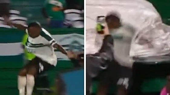 La aparatosa caída al foso de un jugador brasileño al celebrar un gol que le anularon