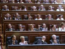 Los diputados socialistas, durante el Pleno del Congreso que ha aprobado por una mayoría del 97,5% -322 votos a favor, seis en contra y dos abstenciones- la ratificación del Tratado Lisboa, que aún deberá recibir el refrendo definitivo del Senado. /EFE