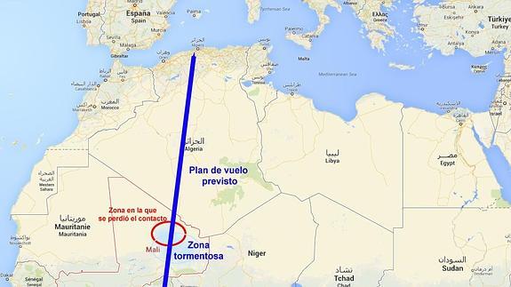 Ruta y zona de Mali donde se buscan restos del aparato. 