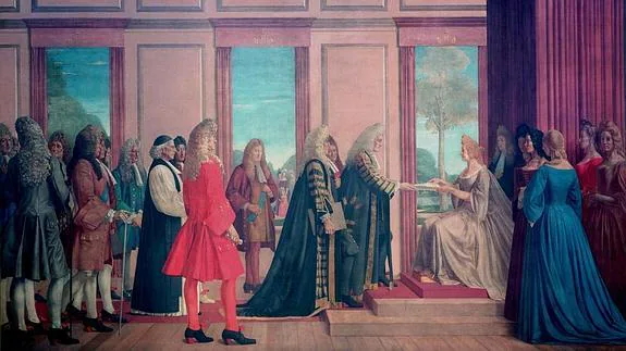 Momento en el que los parlamentos de Inlaterra y Escocia hacen entrega a la reina Ana del Acta de Unión recreado en el cuadro de Walter Thomas Monnington (1927).
